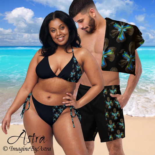 Eco Friendly Matching Couple’s Swimsuits - Swim Trunks + Bikini - Black