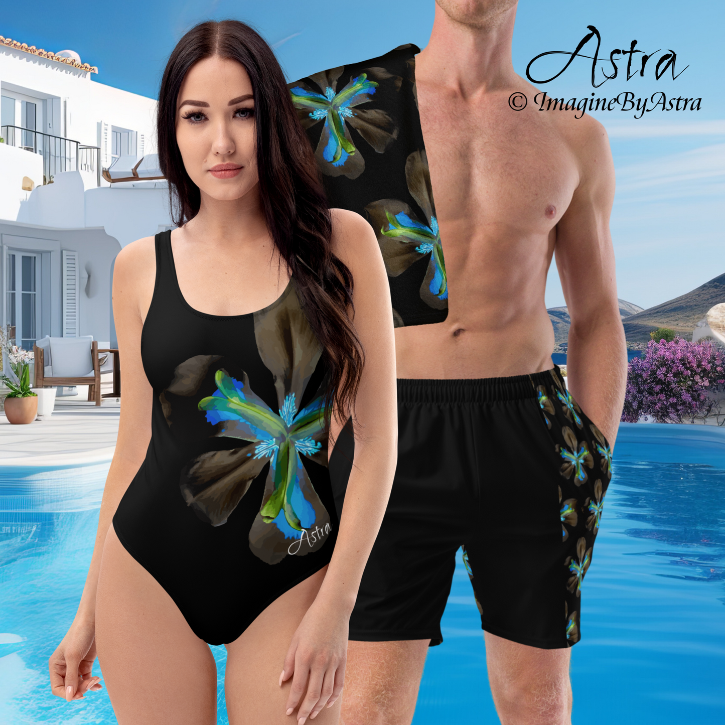 Matching Couple’s Swimsuits - Swim Trunks + One-Piece Swimsuit - Black