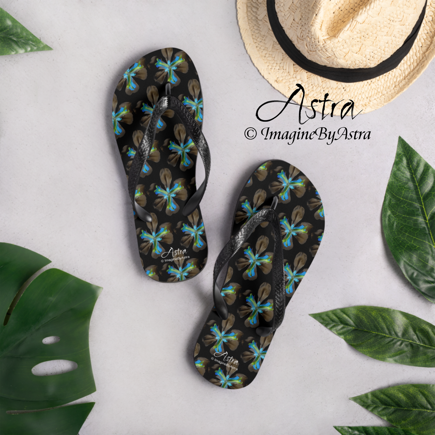 Tropical Iris Flip-Flops - Black