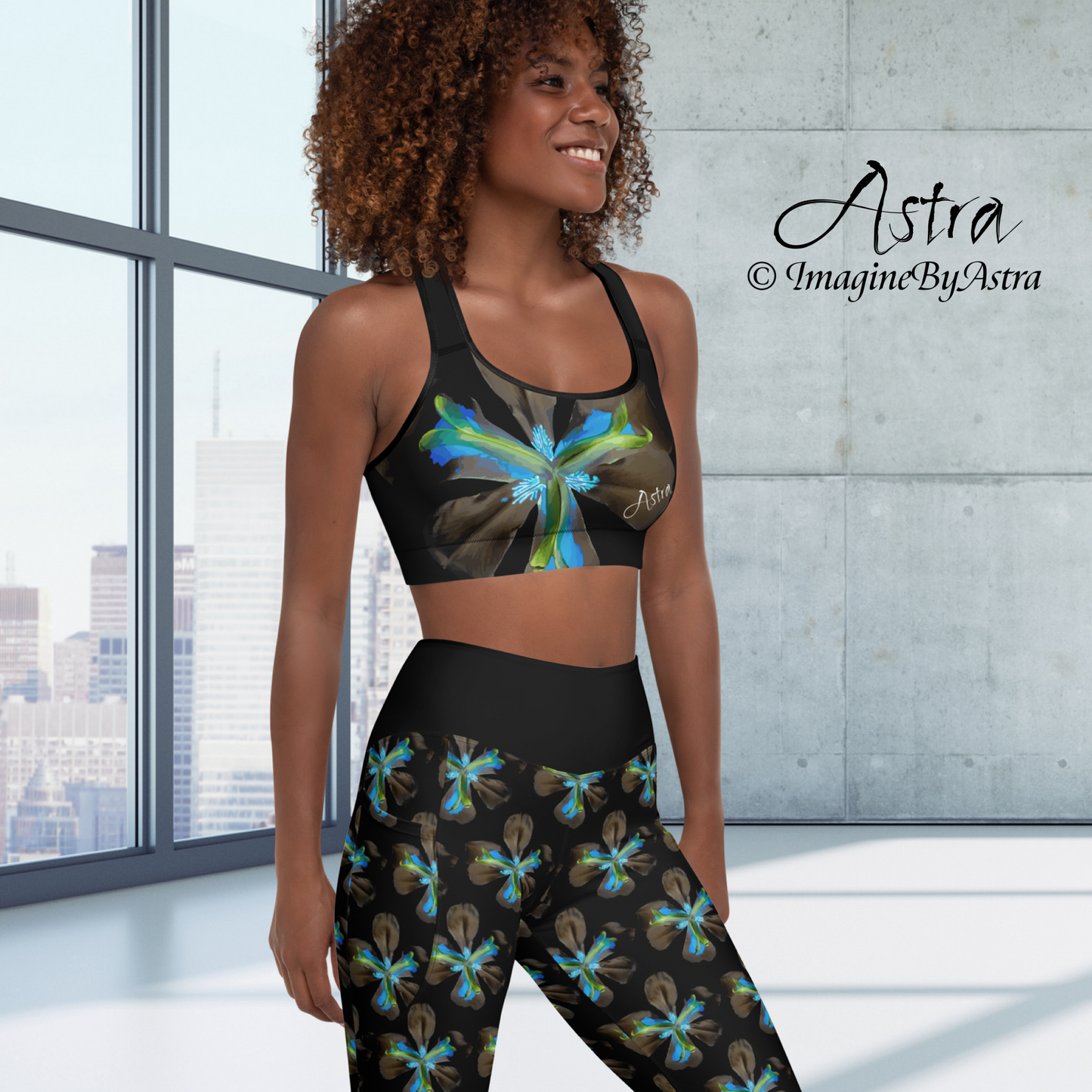 Tropical Iris High Waisted Yoga Set with Pockets - Black