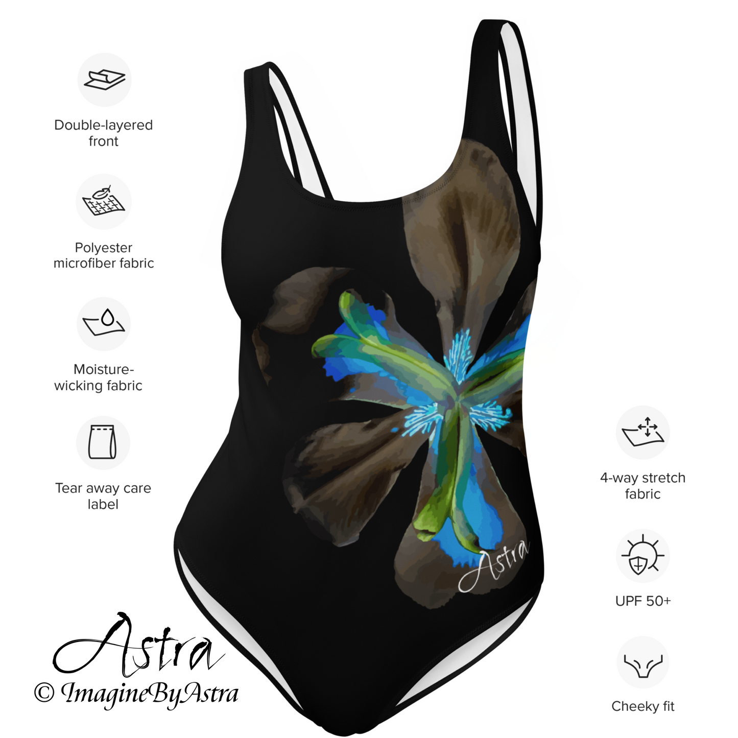 Tropical Iris High Cut One-Piece Backless Swimsuit | Black