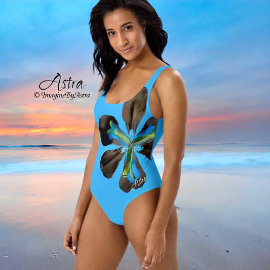 Tropical Iris High Cut One-Piece Backless Swimsuit | Blue