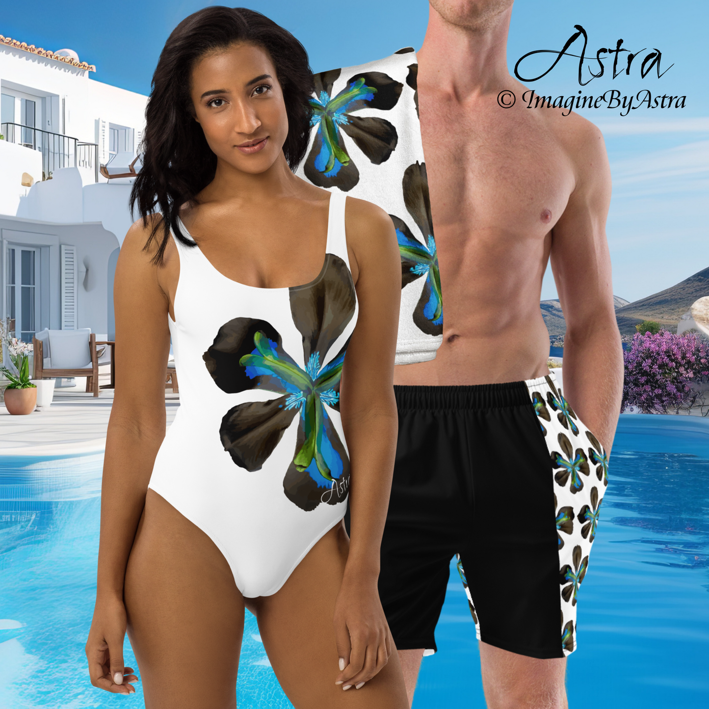 Matching couples swimsuits with blue tropical flower print. A woman wears a women’s white one-piece swimsuit next to a man wearing matching men’s swim trunks, with a resort pool in the background.