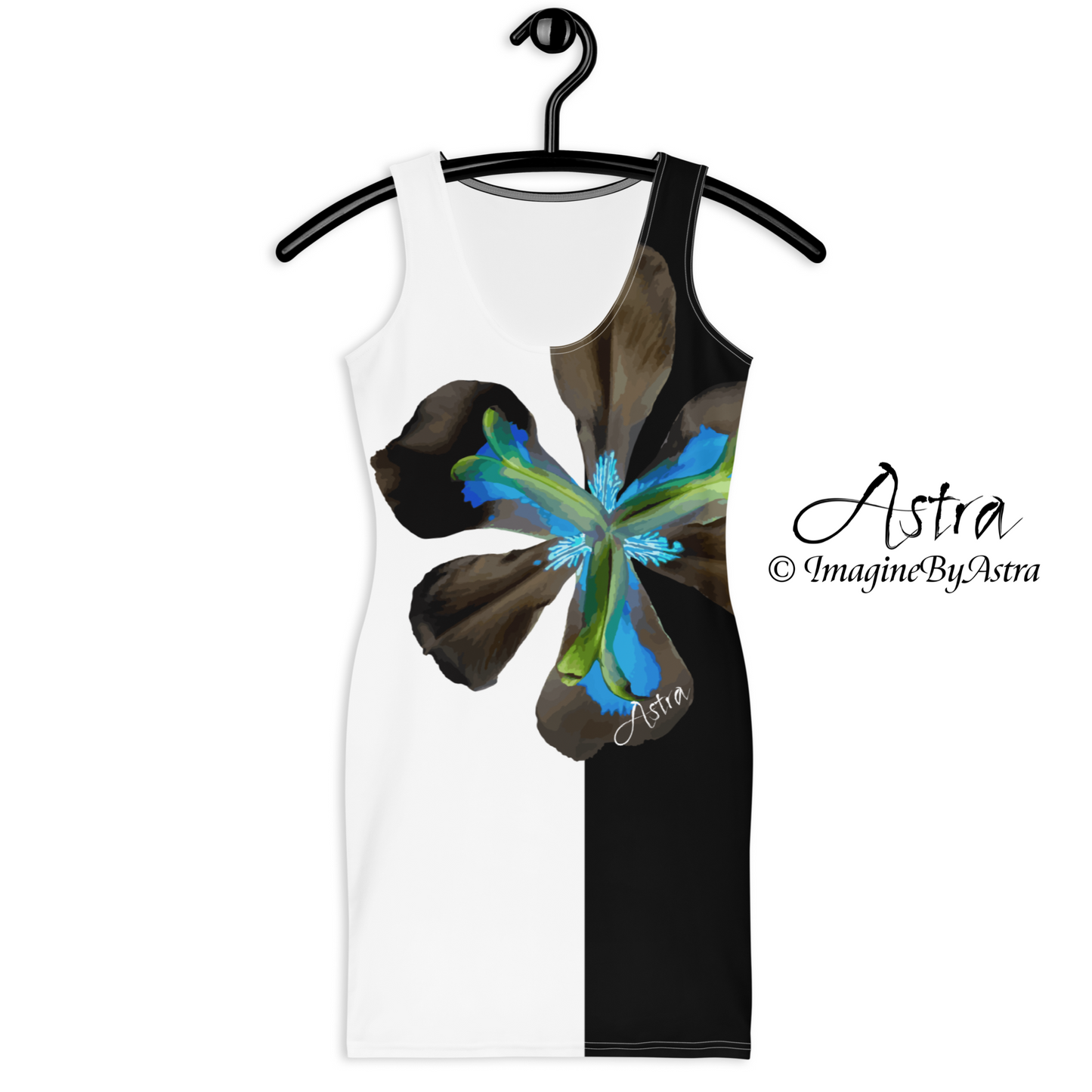 Tropical Iris Black and White Cocktail Dress