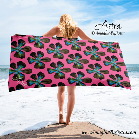 Tropical Iris Plush Beach Towel | Hot Pink