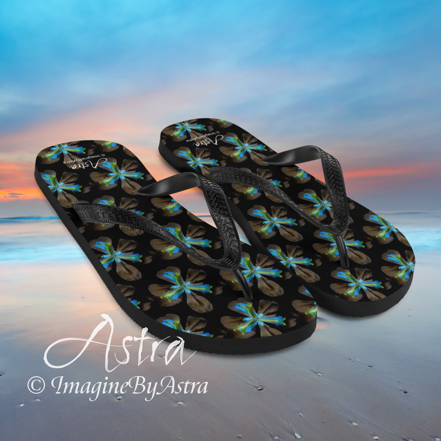 Tropical Iris Flip-Flops - Black