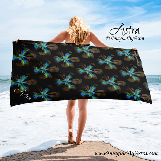 Tropical Iris Plush Beach Towel | Black