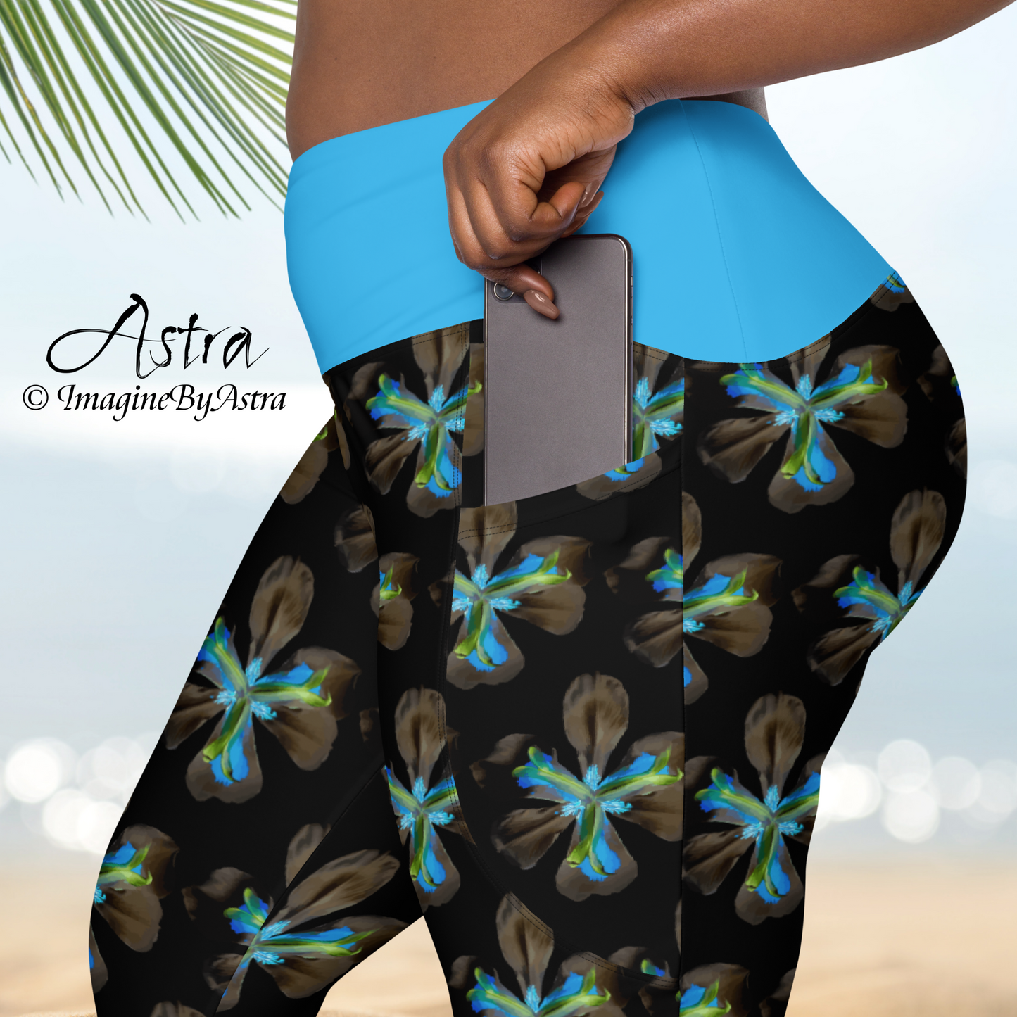 Tropical Iris High Waisted Yoga Set with Pockets - Black with Blue Waistband