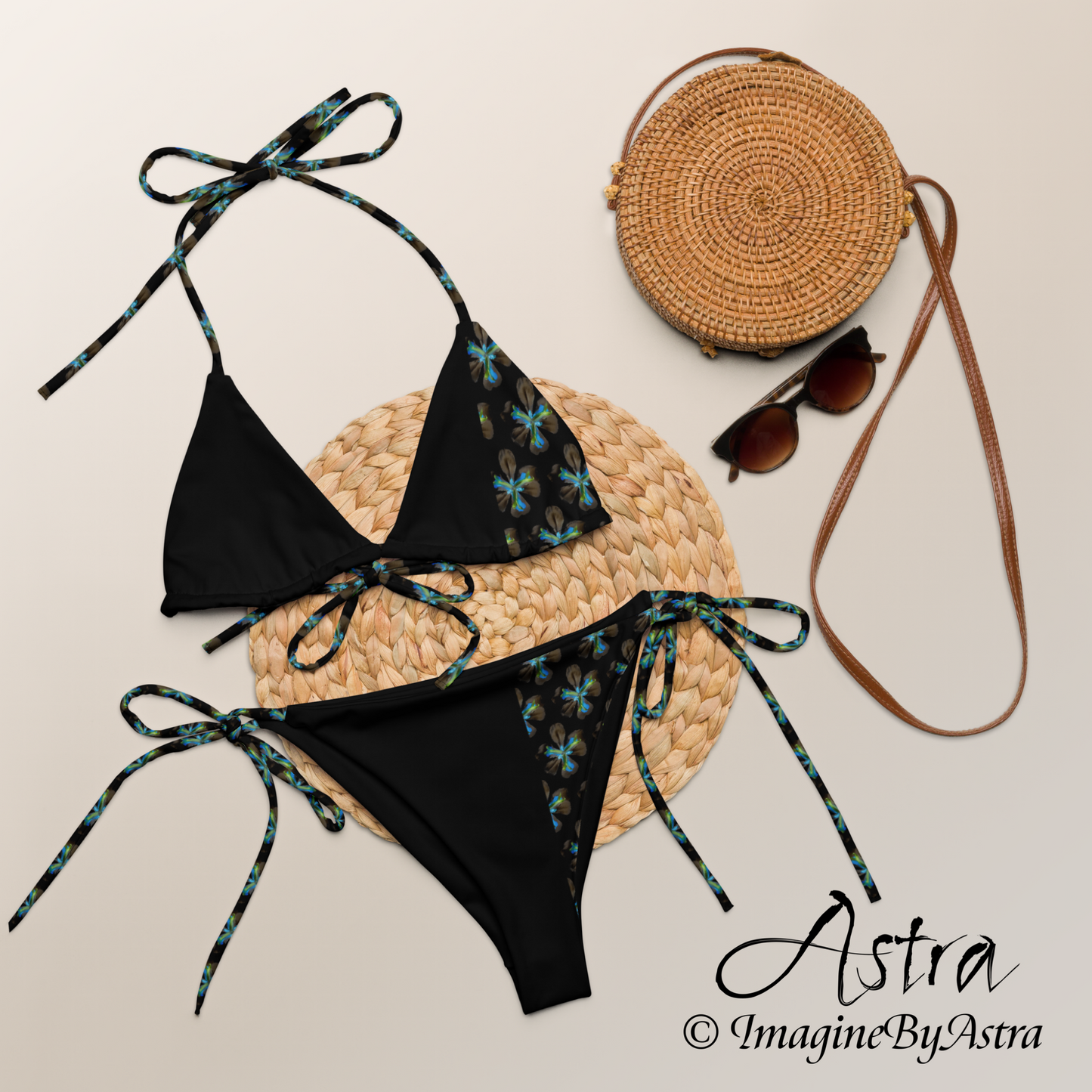 Tropical Iris Eco-Friendly String Bikini - Black Stripe