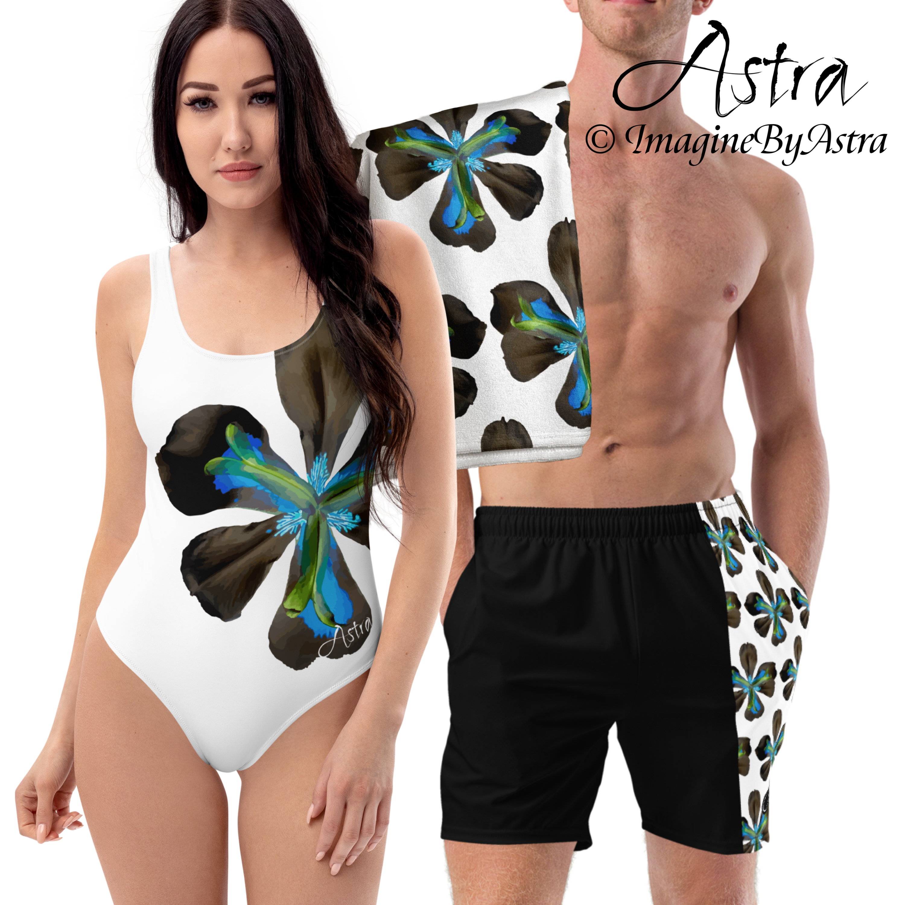 A couple wear matching swimsuits from ImagineByAstra with a blue tropical flower print, she in a white one-piece swimsuit with a large blue flower graphic displayed boldly on the front, and he in black swim trunks with a white strip on one side with the tropical flower print in small. 