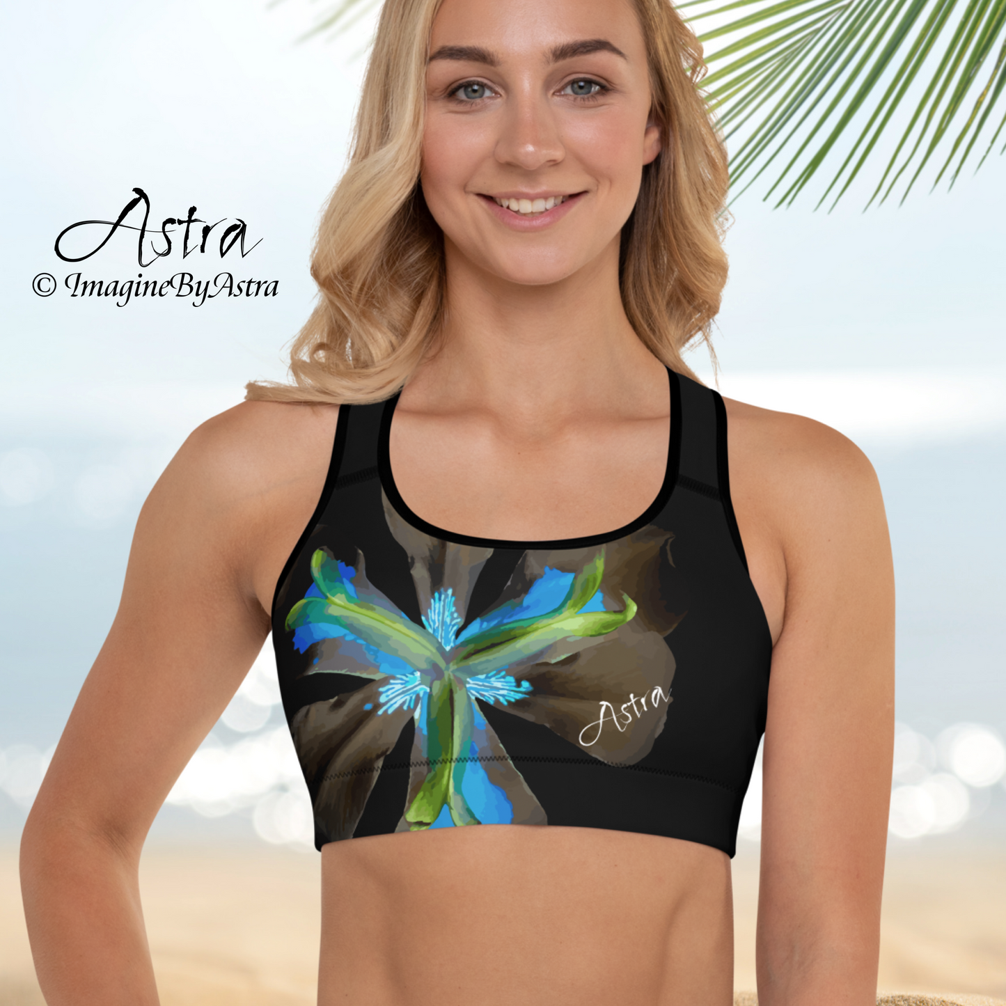 Tropical Iris Padded Sports Bra - Black