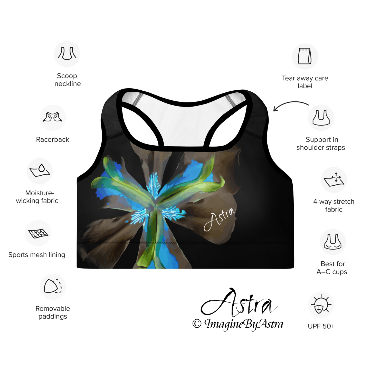 Tropical Iris Padded Sports Bra - Black