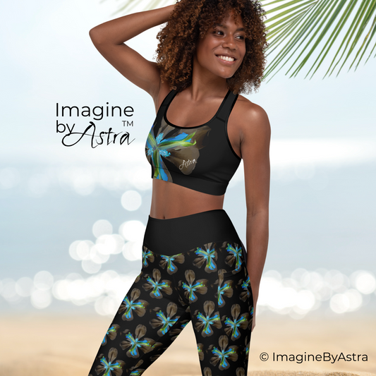 Tropical Iris High Waisted Yoga Set with Pockets - Black