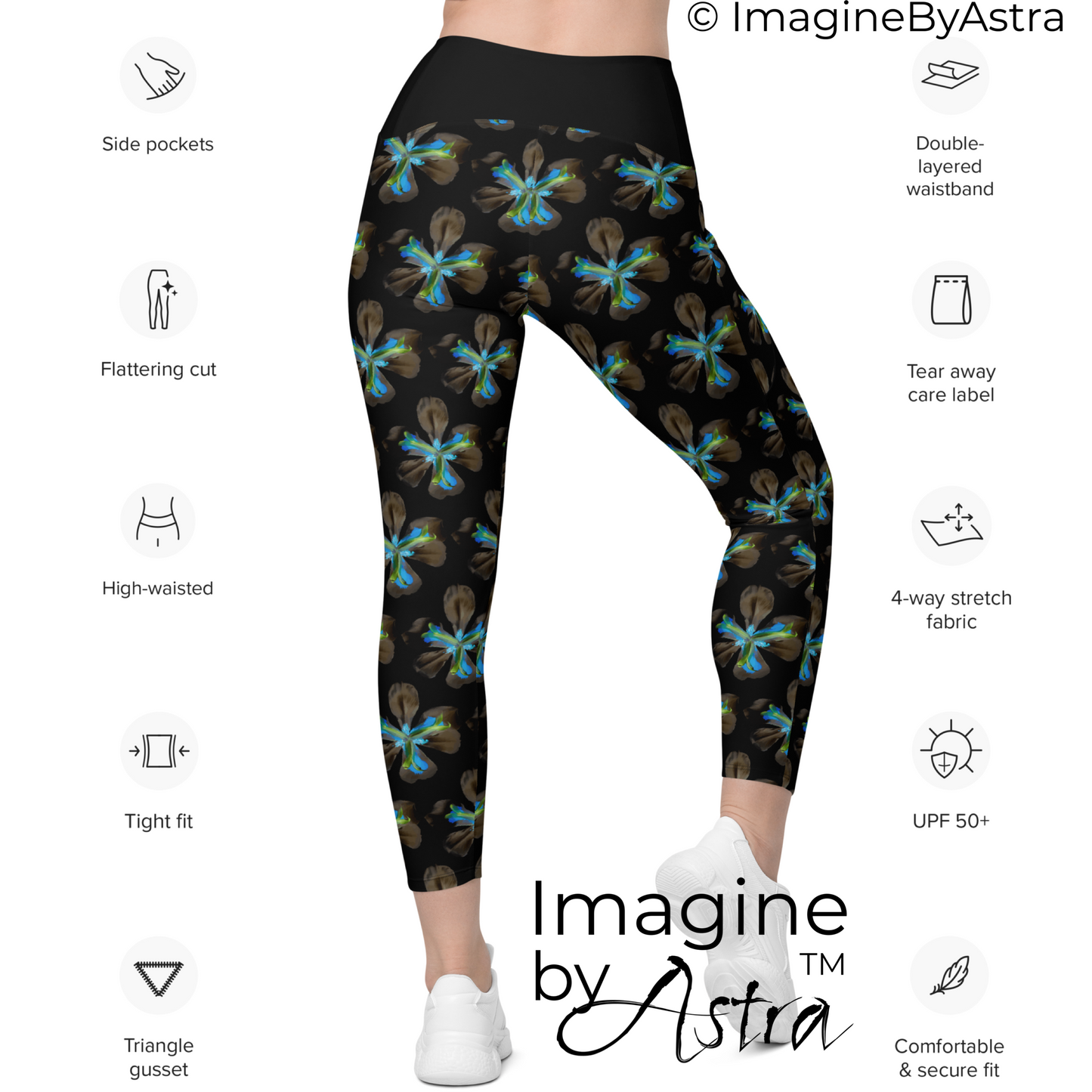 Tropical Iris High Waisted Yoga Set with Pockets - Black