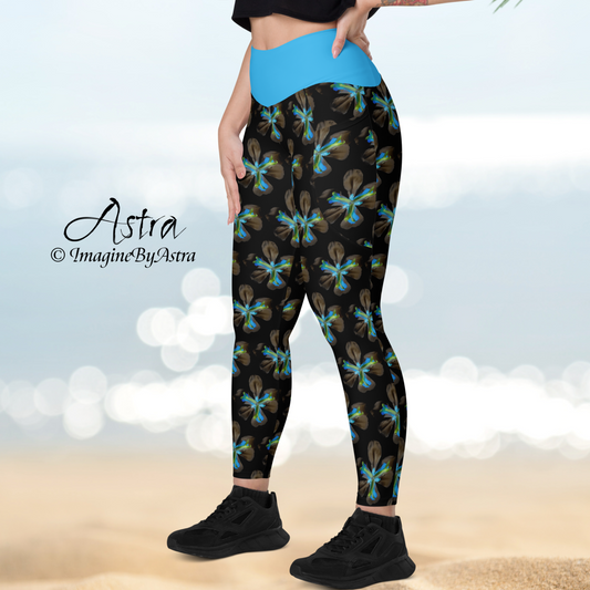 Tropical Iris Eco-Friendly Leggings with Pockets - Black with Blue Waist