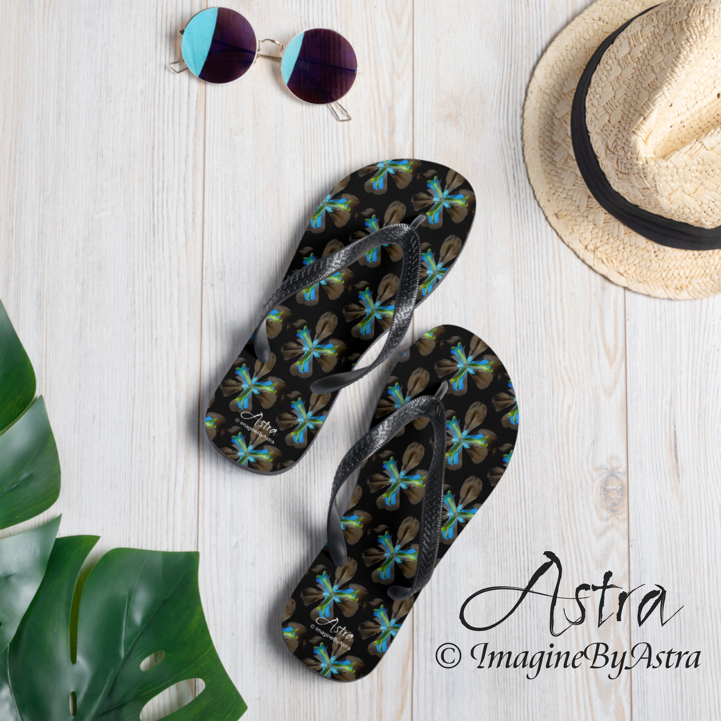 Tropical Iris Flip-Flops - Black