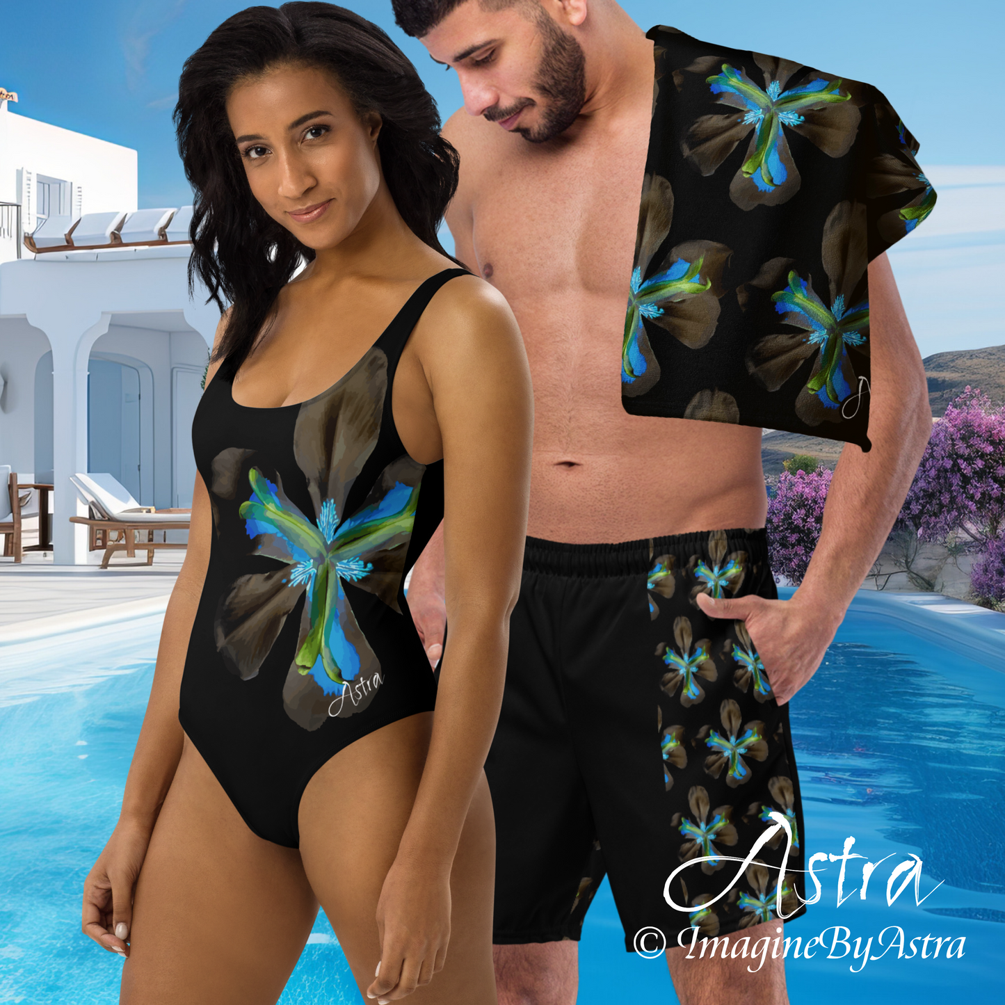 Matching Couple’s Swimsuits - Swim Trunks + One-Piece Swimsuit - Black