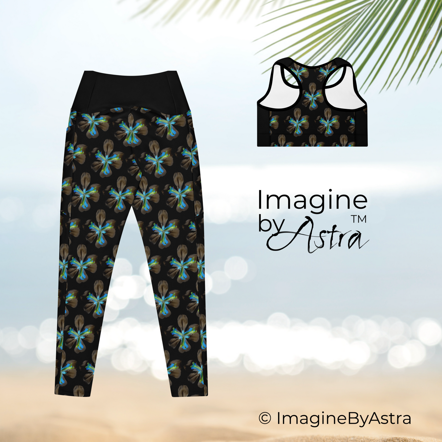 Tropical Iris High Waisted Yoga Set with Pockets - Black