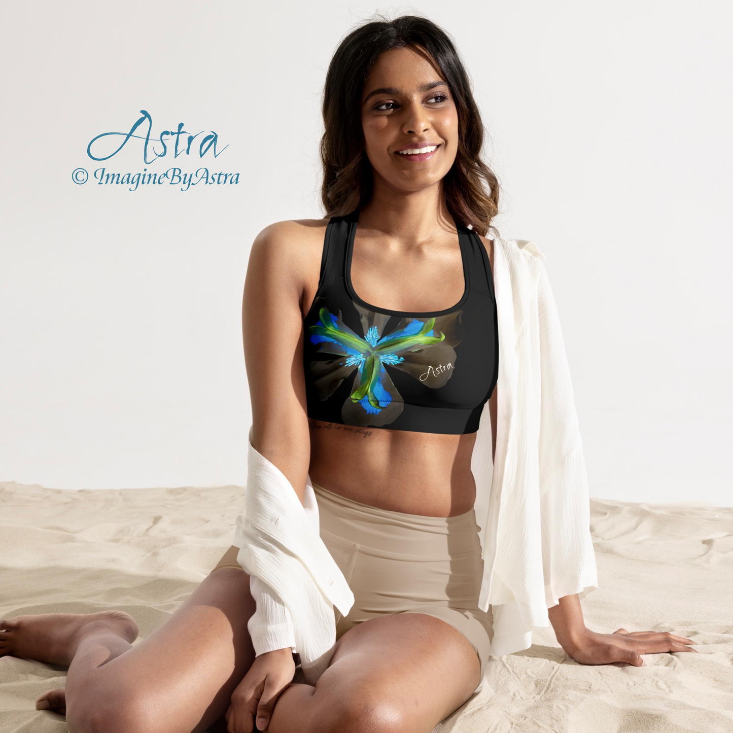 Tropical Iris Padded Sports Bra - Black