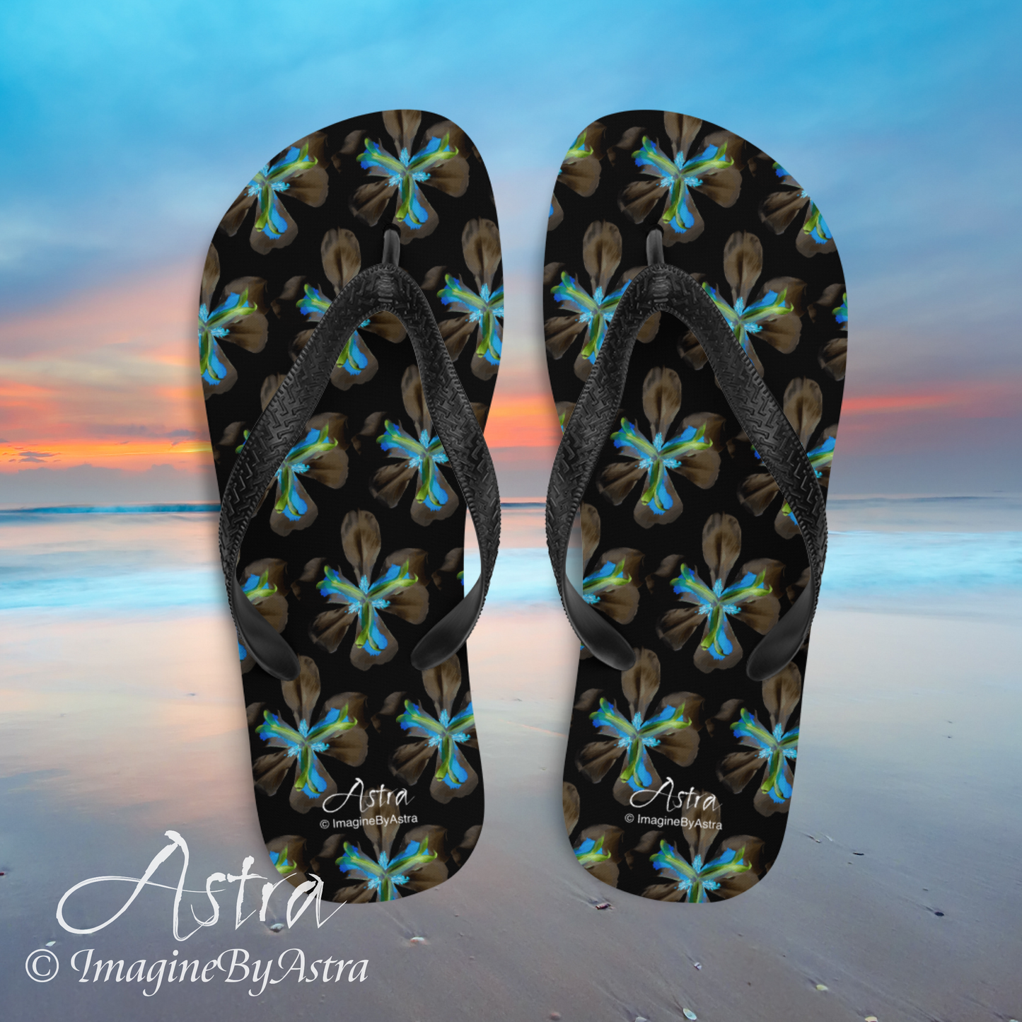 Tropical Iris Flip-Flops - Black