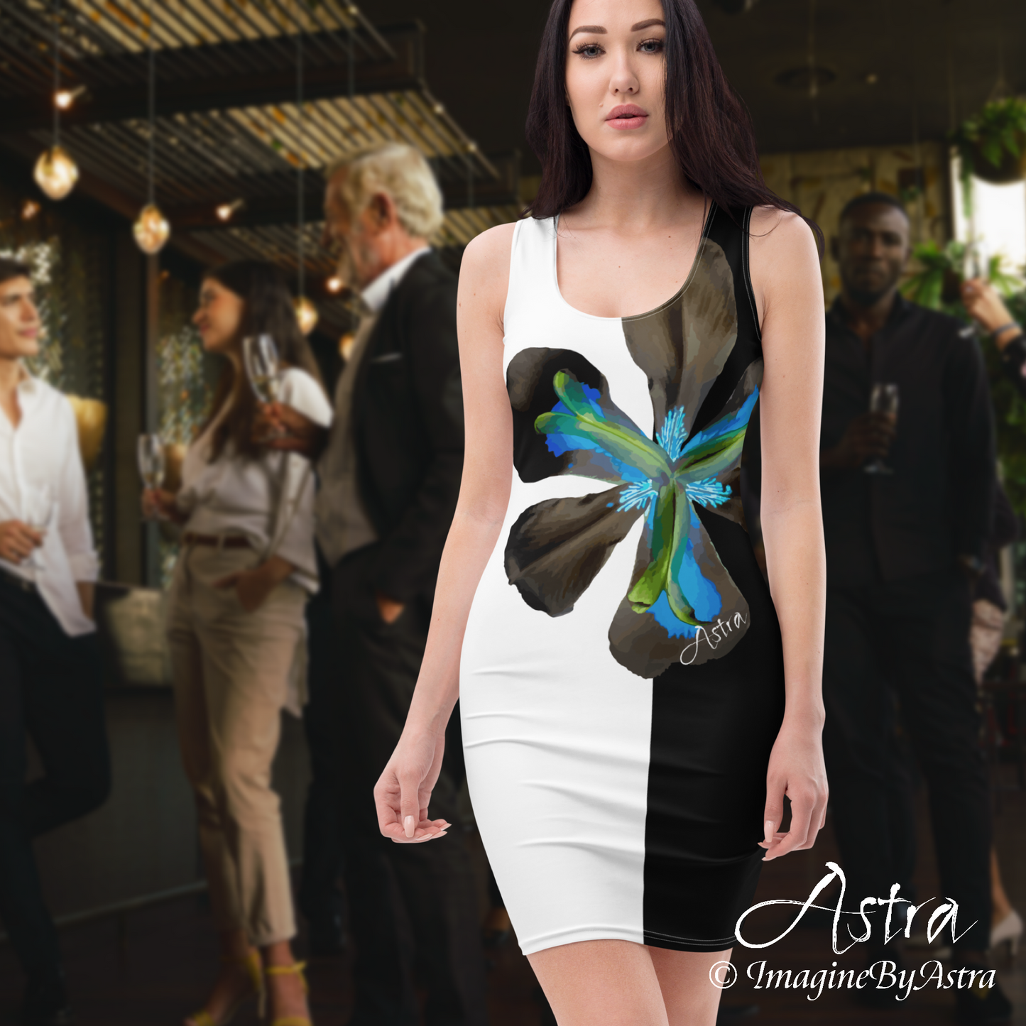 Tropical Iris Black and White Cocktail Dress