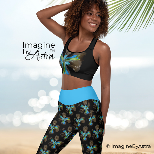 Tropical Iris High Waisted Yoga Set with Pockets - Black with Blue Waistband